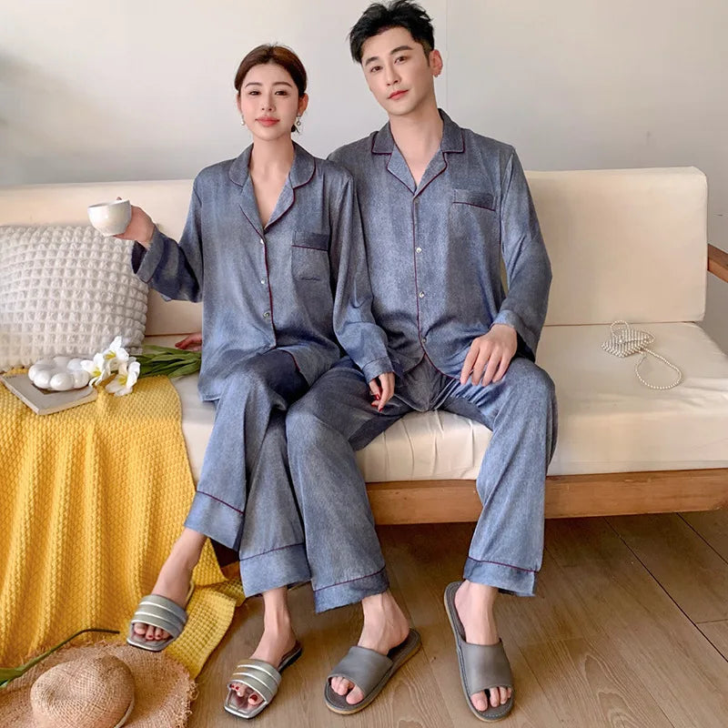 Ice Silk Satin Couple Pajamas Women Men Homewear Set Long Sleeve Shirt Pants Women Pijmas Suit