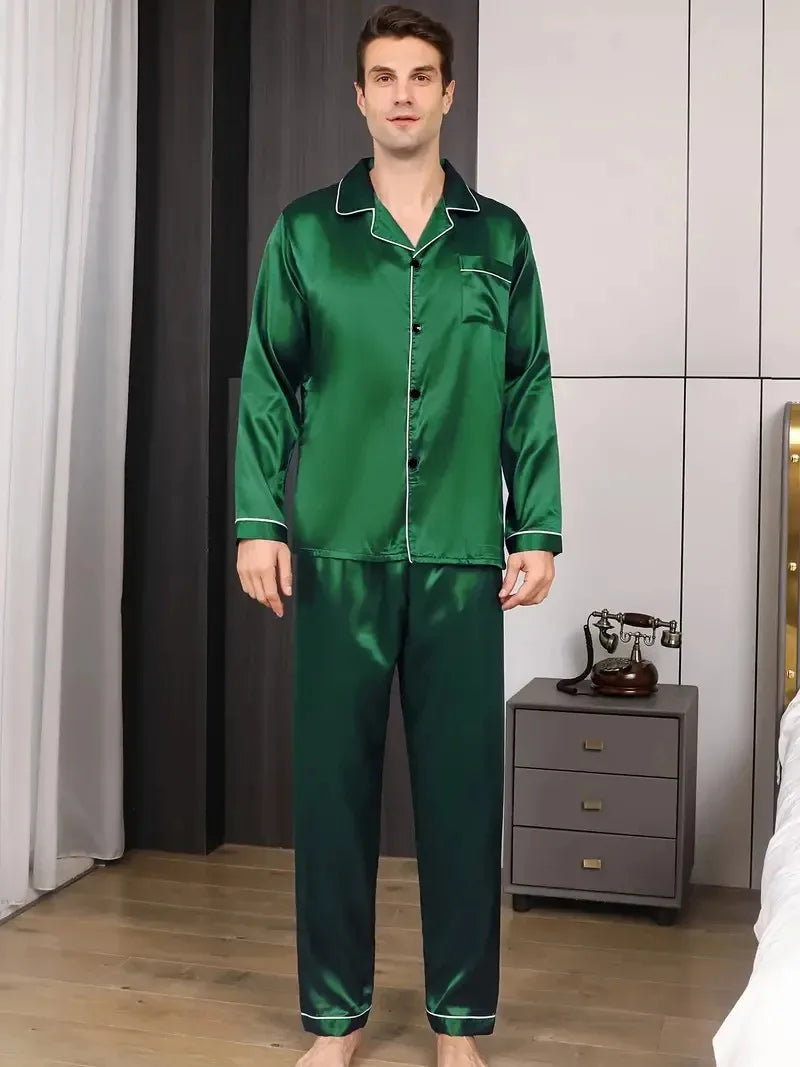 Men Pajamas Set Silk Satin Nightwear Shirt Long Sleeve Pijama Male Fashion Soft Home Suit Big Size Spring Sleepwear For Sleeping