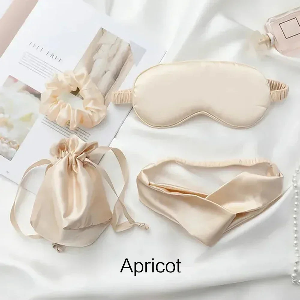 4PCS Silk Eye Mask Set with Hair Bands and Storage Bag Comfortable Sleeping Mask for Travel and Home Use