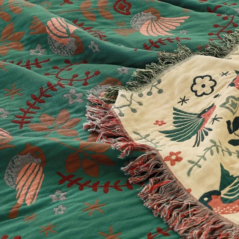 Bohemian Cotton Gauze Throw Blanket Spring Bird Leaf Pattern Multi Purpose Sofa Cover Bedspread Farmhouse Decor Cozy Lightweight