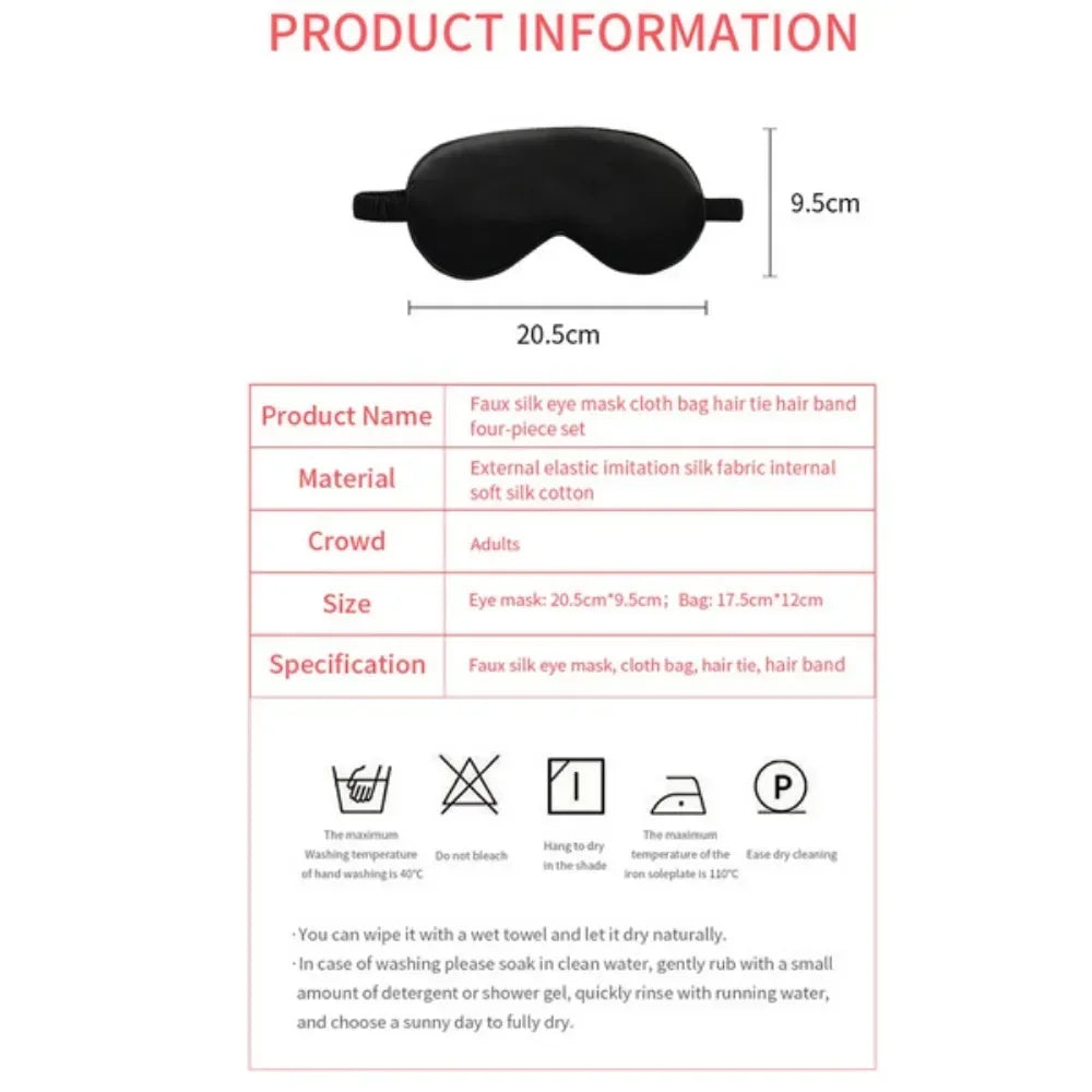 4PCS Silk Eye Mask Set with Hair Bands and Storage Bag Comfortable Sleeping Mask for Travel and Home Use
