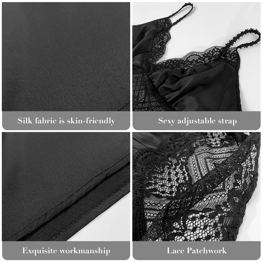 Sexy Nightwear V Neck Sling Nightdress Women Nightgown Lace-Up Silky Patchwork Mini Sleeping Dress Femme Nighties Sleeping Dress