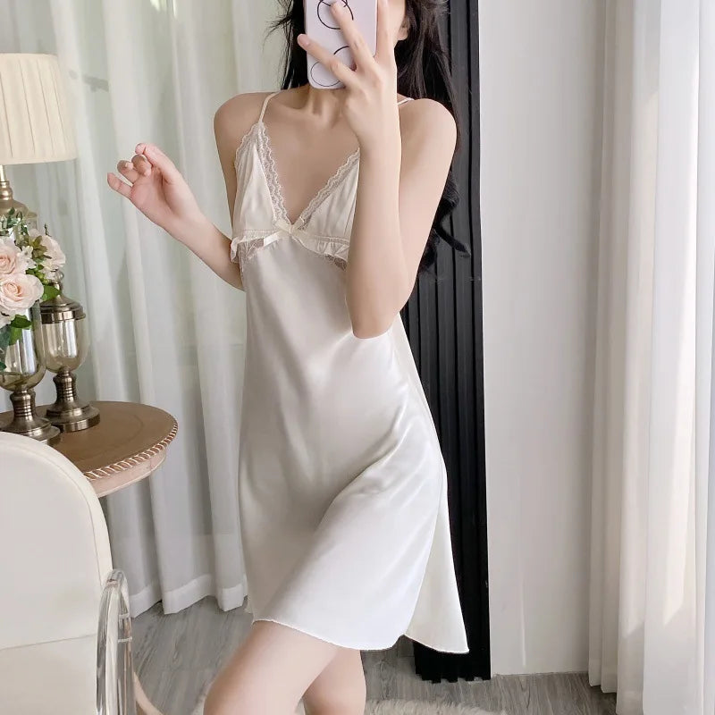 Women Nightwear Home Clothes Sexy Hollow Out Nightdress Sleepwear Nightshirts Silk Sleepshirts Nightgowns For Woman