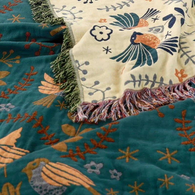 Bohemian Cotton Gauze Throw Blanket Spring Bird Leaf Pattern Multi Purpose Sofa Cover Bedspread Farmhouse Decor Cozy Lightweight