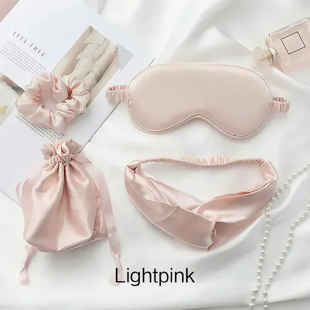 4PCS Silk Eye Mask Set with Hair Bands and Storage Bag Comfortable Sleeping Mask for Travel and Home Use