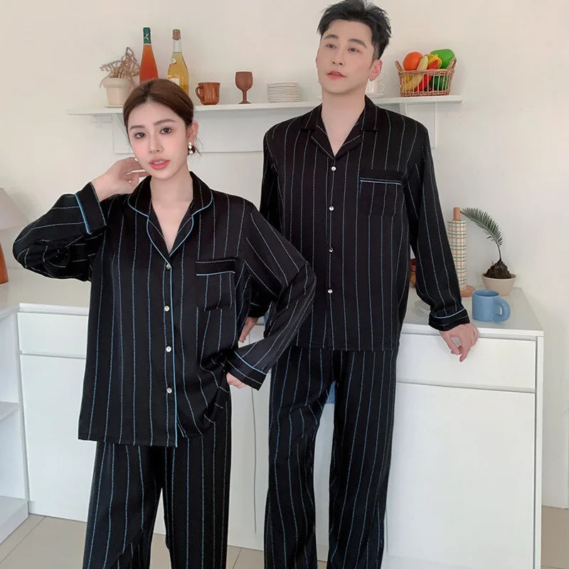 Ice Silk Satin Couple Pajamas Women Men Homewear Set Long Sleeve Shirt Pants Women Pijmas Suit