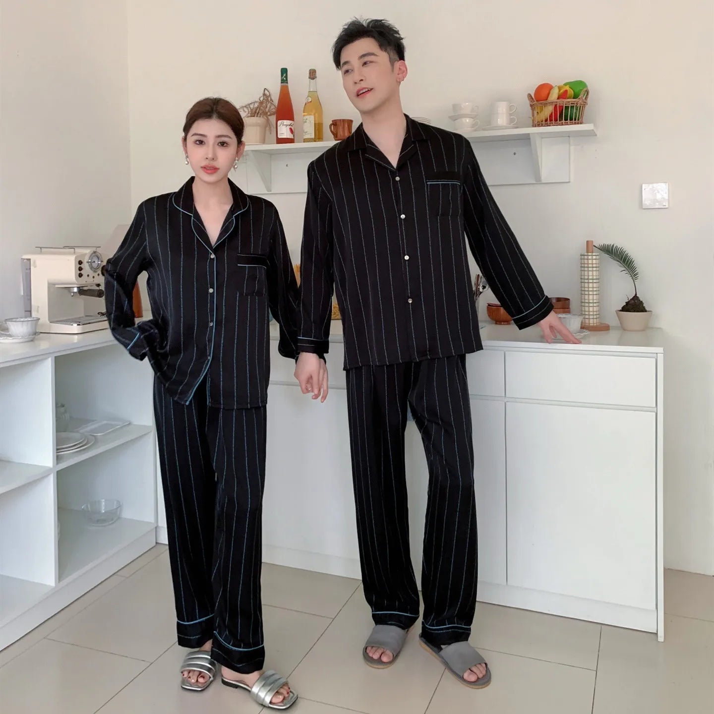Ice Silk Satin Couple Pajamas Women Men Homewear Set Long Sleeve Shirt Pants Women Pijmas Suit