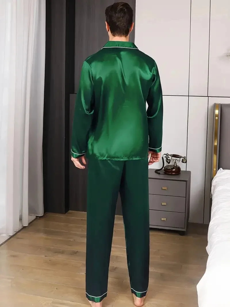 Men Pajamas Set Silk Satin Nightwear Shirt Long Sleeve Pijama Male Fashion Soft Home Suit Big Size Spring Sleepwear For Sleeping