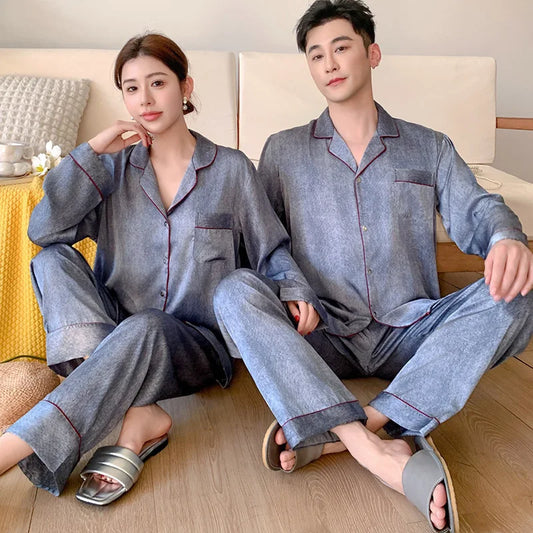 Ice Silk Satin Couple Pajamas Women Men Homewear Set Long Sleeve Shirt Pants Women Pijmas Suit