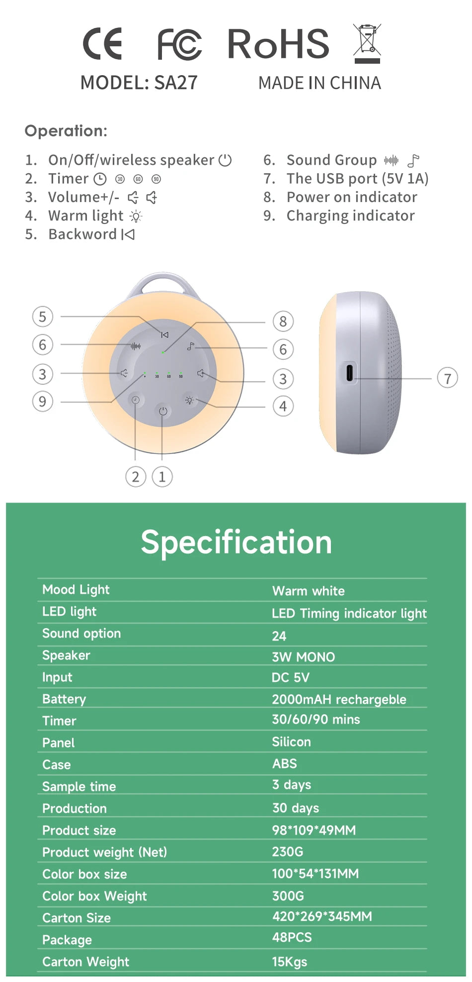 Portable White Noise Sound Machine For Baby 24 Soothing Natural Sounds White Noise Machine with Night Light