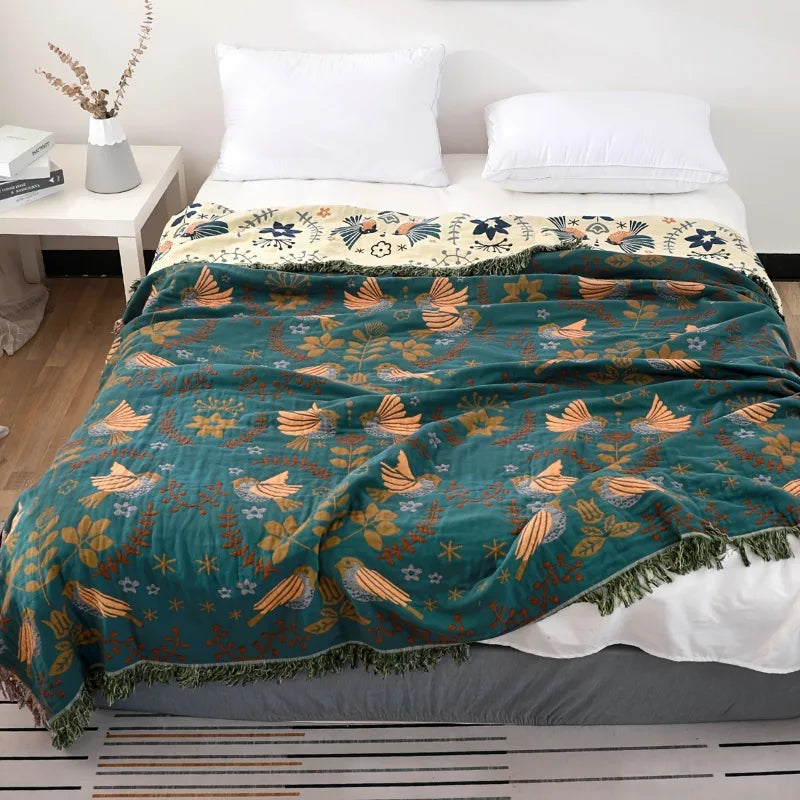 Bohemian Cotton Gauze Throw Blanket Spring Bird Leaf Pattern Multi Purpose Sofa Cover Bedspread Farmhouse Decor Cozy Lightweight