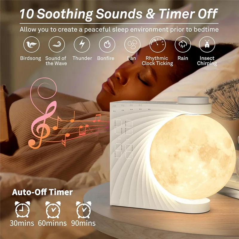 AA81-Sunrise Alarm Clock For Bedrooms, Moon Night Light Clock Wake Up Light For Kids Teens,White Noise Sound Machine