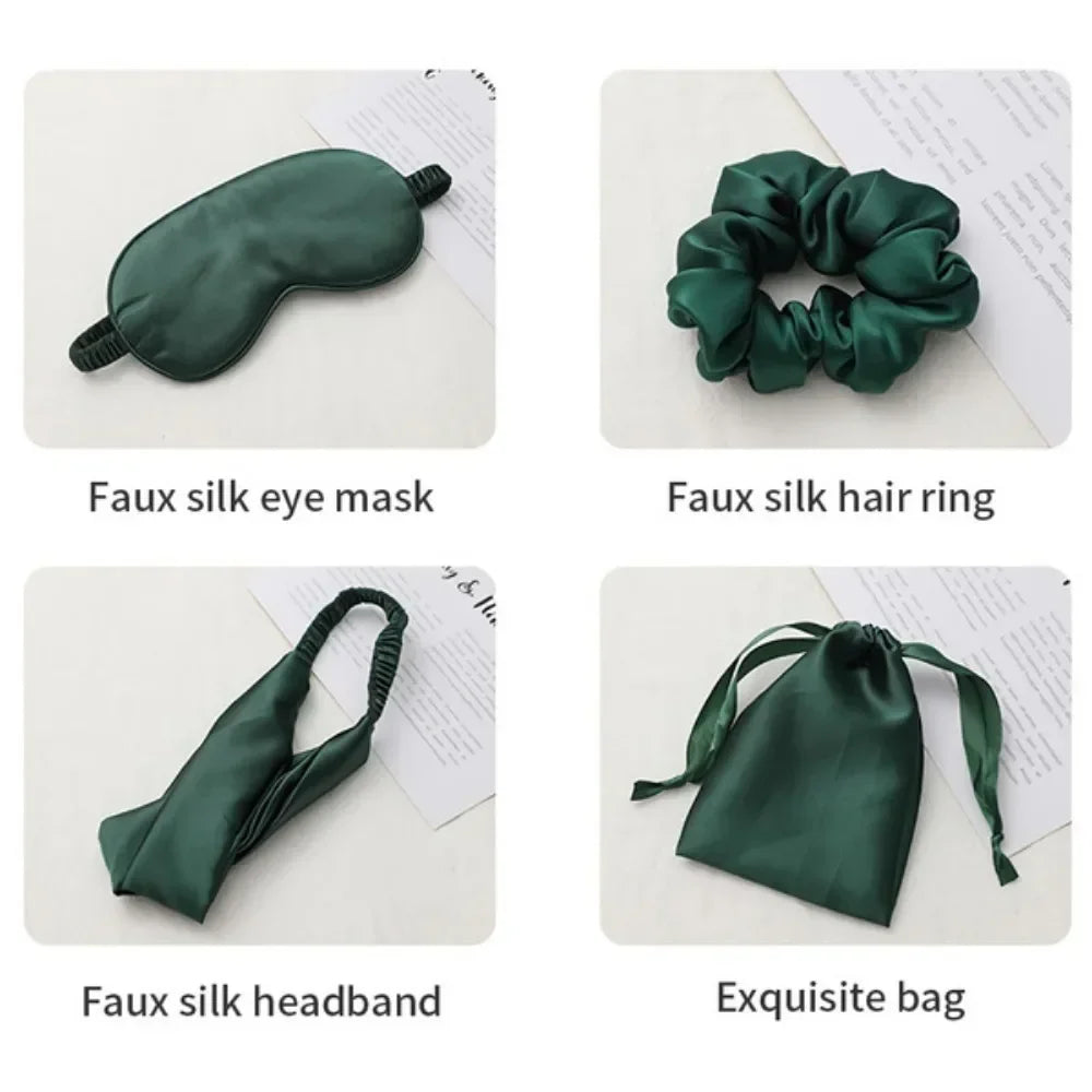 4PCS Silk Eye Mask Set with Hair Bands and Storage Bag Comfortable Sleeping Mask for Travel and Home Use