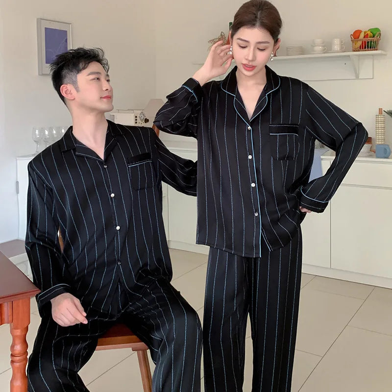 Ice Silk Satin Couple Pajamas Women Men Homewear Set Long Sleeve Shirt Pants Women Pijmas Suit