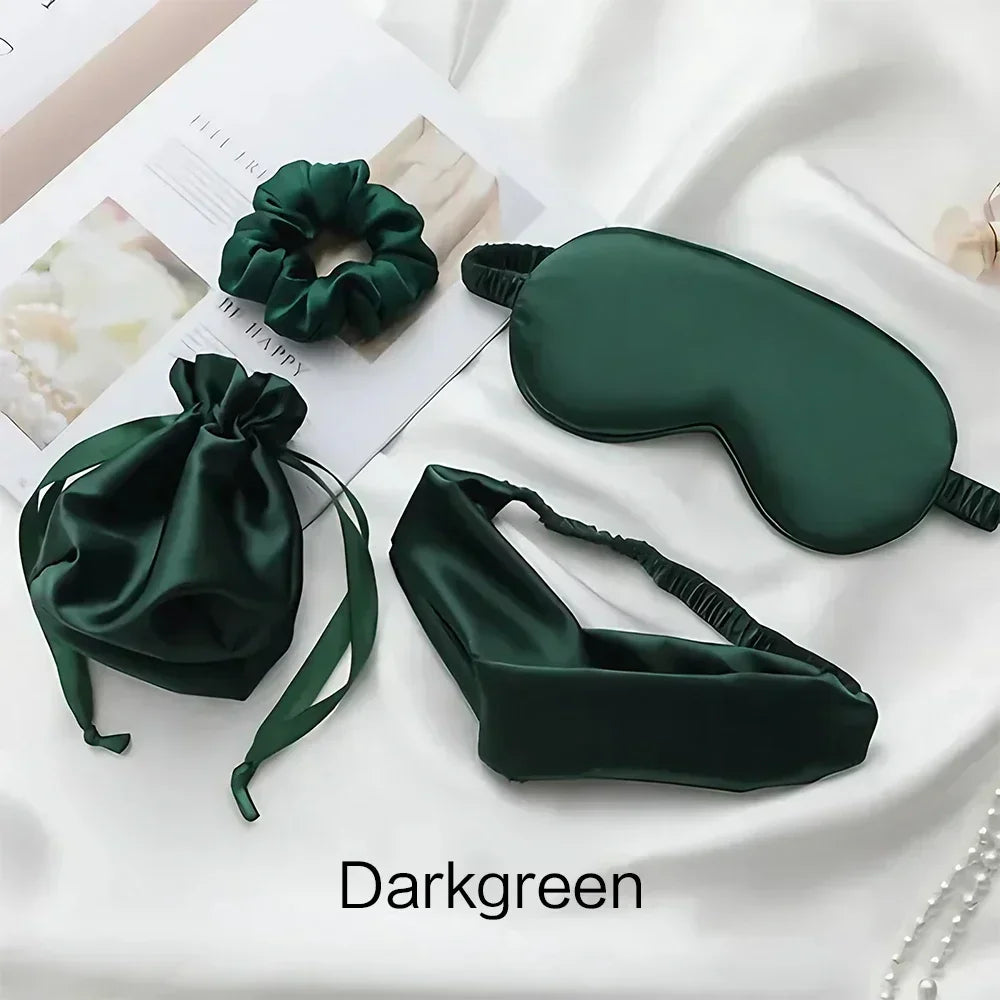 4PCS Silk Eye Mask Set with Hair Bands and Storage Bag Comfortable Sleeping Mask for Travel and Home Use