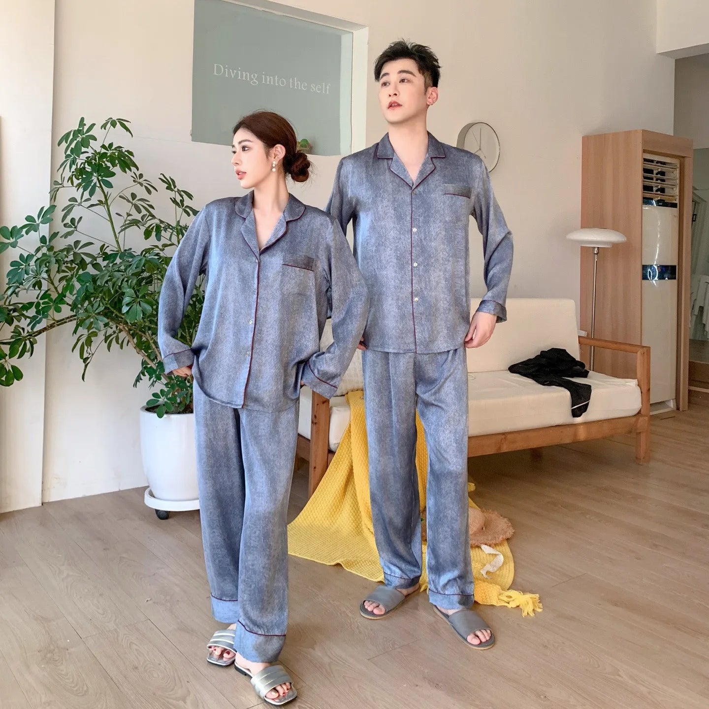 Ice Silk Satin Couple Pajamas Women Men Homewear Set Long Sleeve Shirt Pants Women Pijmas Suit