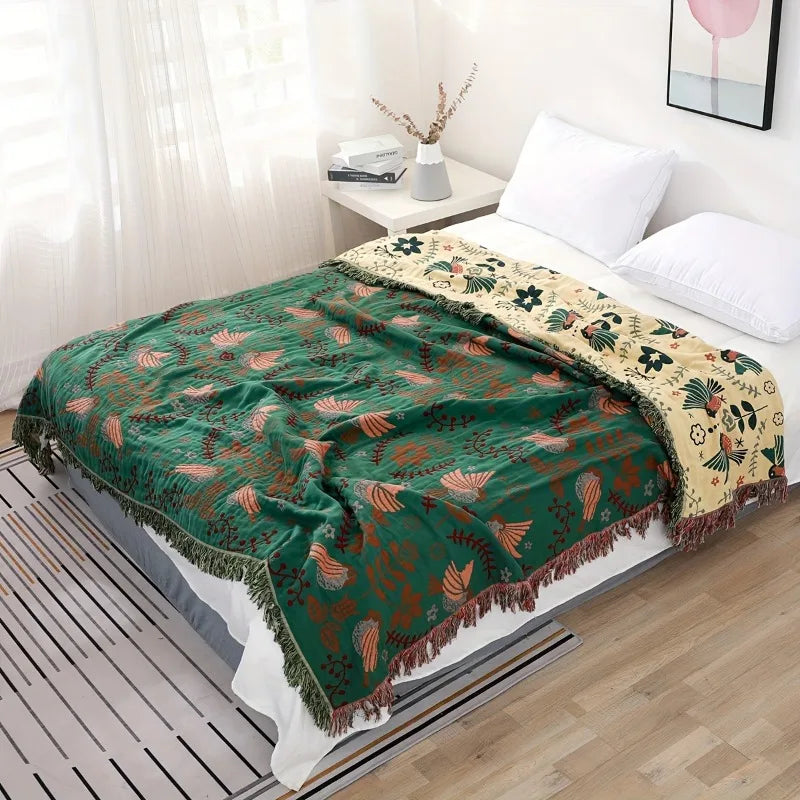 Bohemian Cotton Gauze Throw Blanket Spring Bird Leaf Pattern Multi Purpose Sofa Cover Bedspread Farmhouse Decor Cozy Lightweight