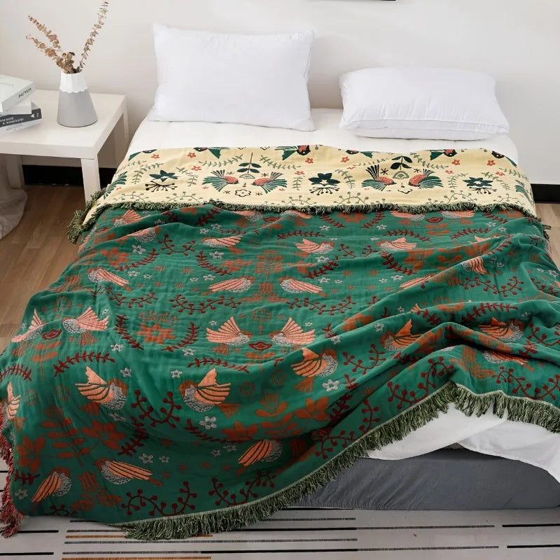 Bohemian Cotton Gauze Throw Blanket Spring Bird Leaf Pattern Multi Purpose Sofa Cover Bedspread Farmhouse Decor Cozy Lightweight