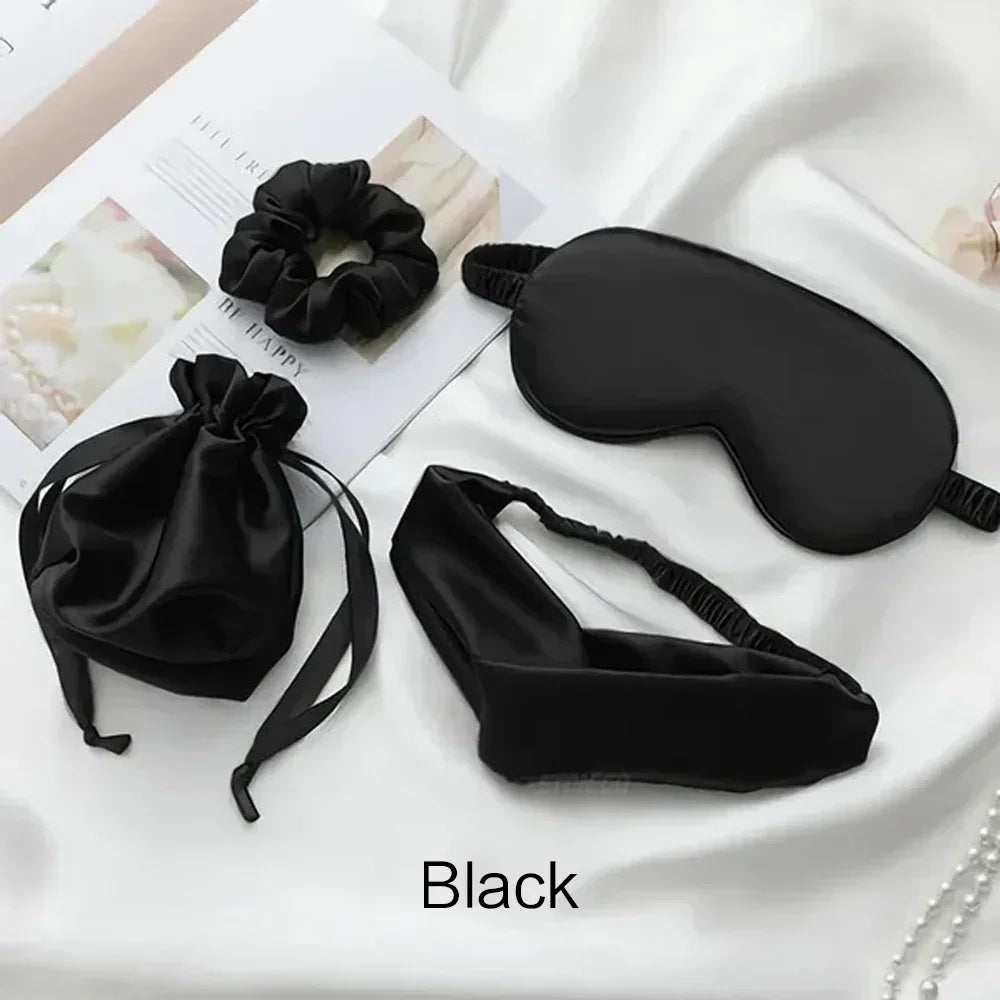4PCS Silk Eye Mask Set with Hair Bands and Storage Bag Comfortable Sleeping Mask for Travel and Home Use