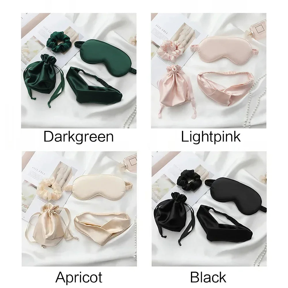4PCS Silk Eye Mask Set with Hair Bands and Storage Bag Comfortable Sleeping Mask for Travel and Home Use