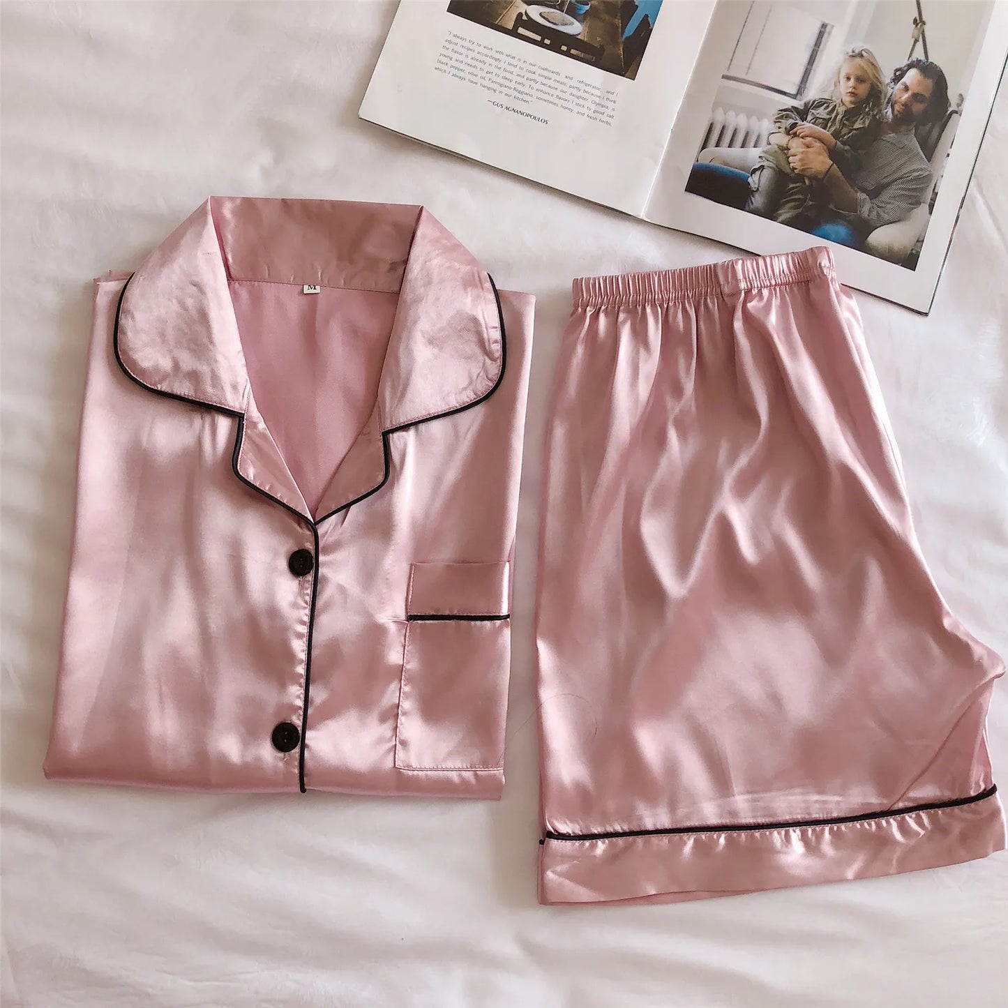 Womens Silk Satin Pajamas Set Short Sleeve Two-Piece Pj Sets Sleepwear Loungewear Nightwear Pajamas For Woman Household Clothes